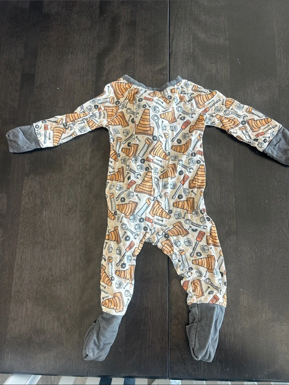 Cozy Construction-Print Footed One-Piece in Gray